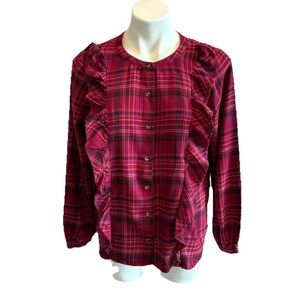 Sonoma Button Up Plaid Shirt Ruffle Front Size Medium Burgundy Long Sleeve